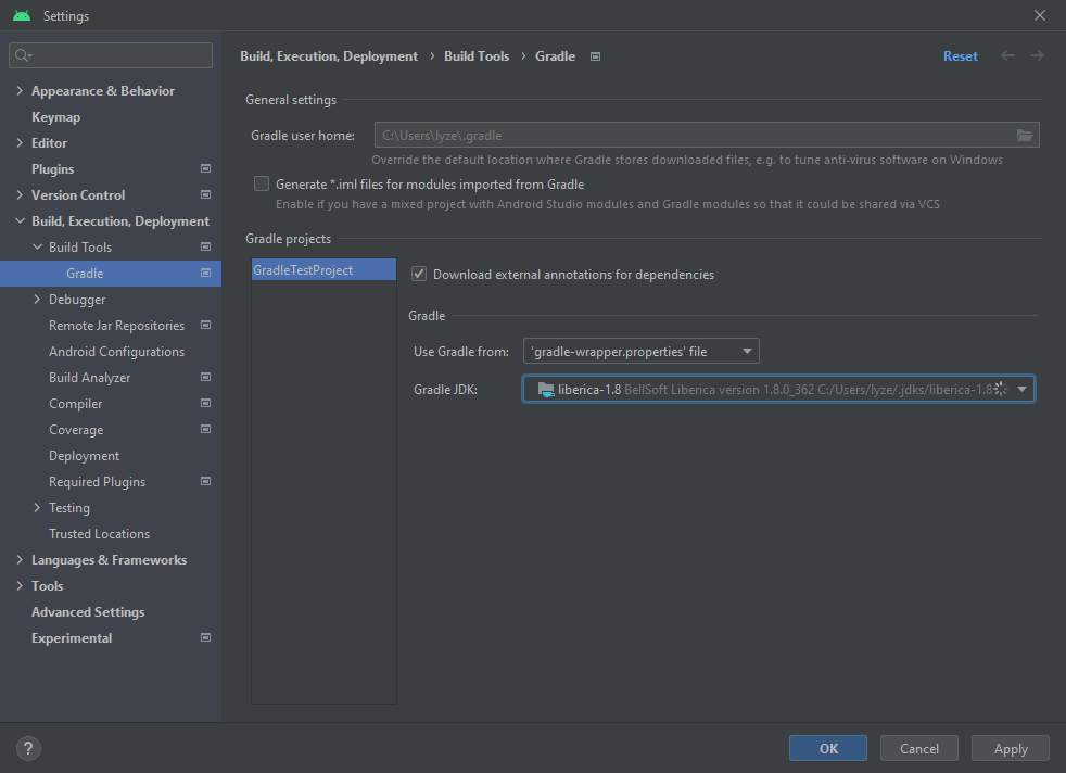 Screenshot of settings