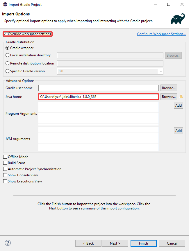 Screenshot of import options