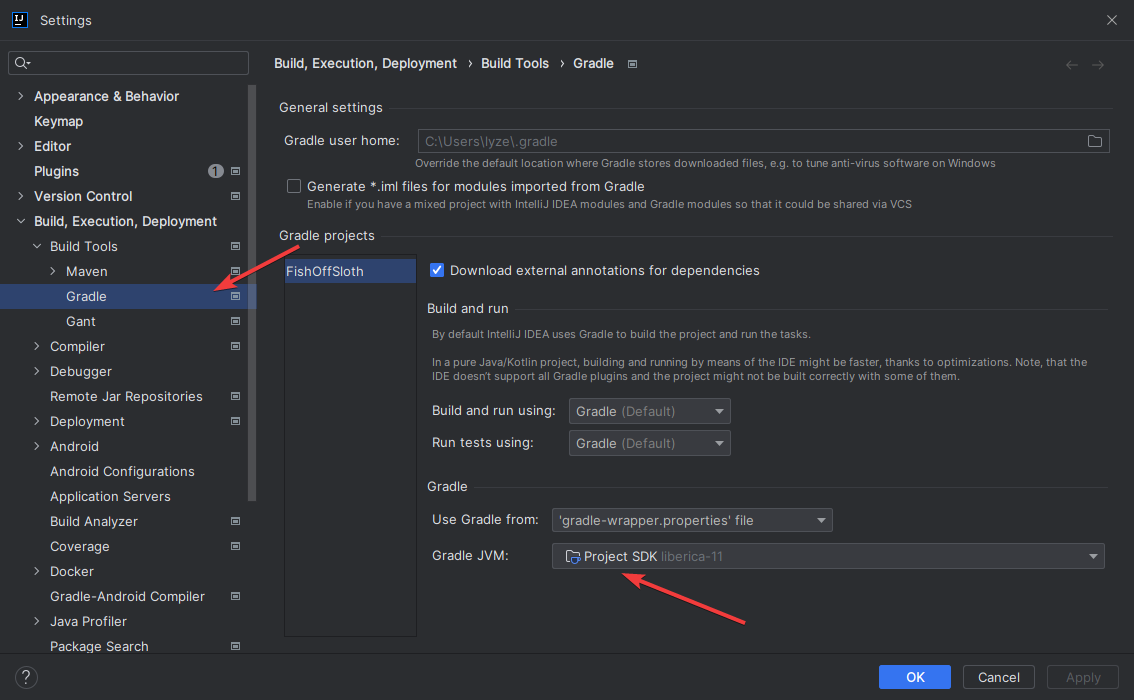 Screenshot of settings